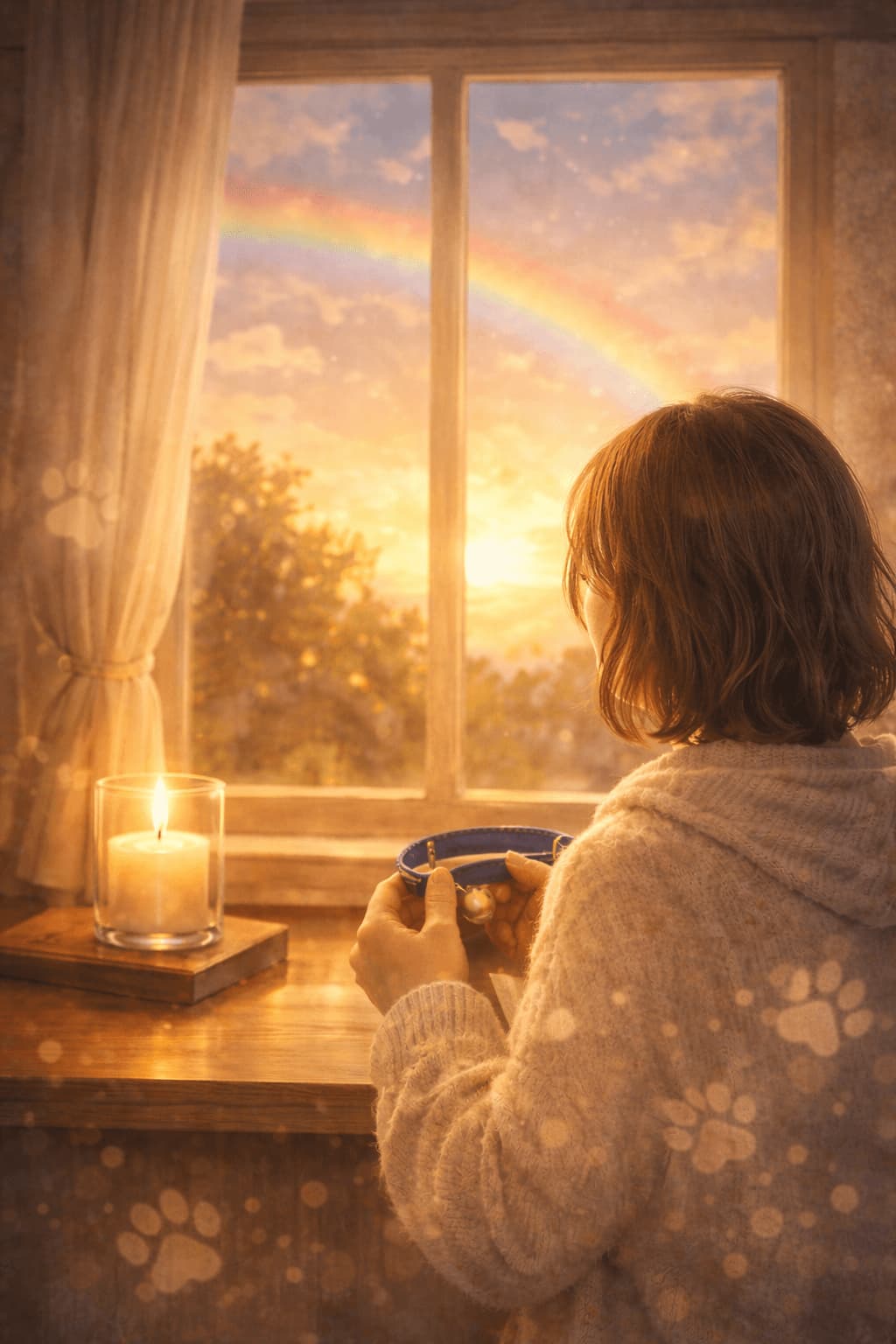 虹の窓辺で首輪を握りしめる女性